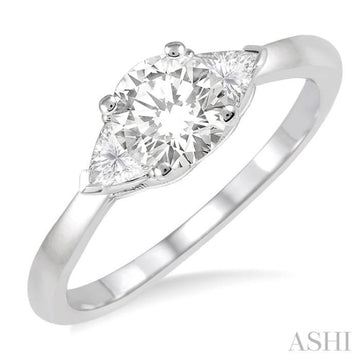 3/4 Ctw Round and Triangle Cut Diamond Ladies Engagement Ring with 1/2 Ct Round Cut Center Stone in 14K White Gold